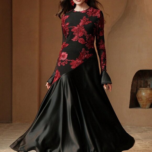 BEST SELLER Black Elegant Women's RED Floral Patchwork Round Neck mAXI Dress - Picture 5 of 7